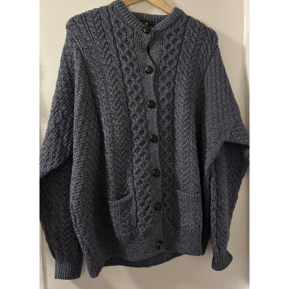 Aran Woollen Mills Gray Merino Wool Cable Knit Cardigan Sweater Ireland 2XL Blue
